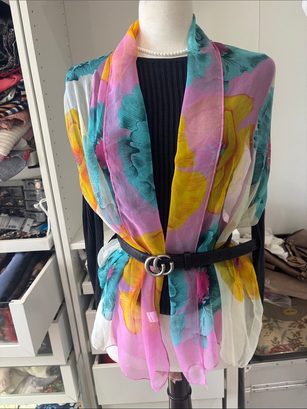 Floral Sheer Multicolor Scarf Wrap — Pink, Teal & Yellow